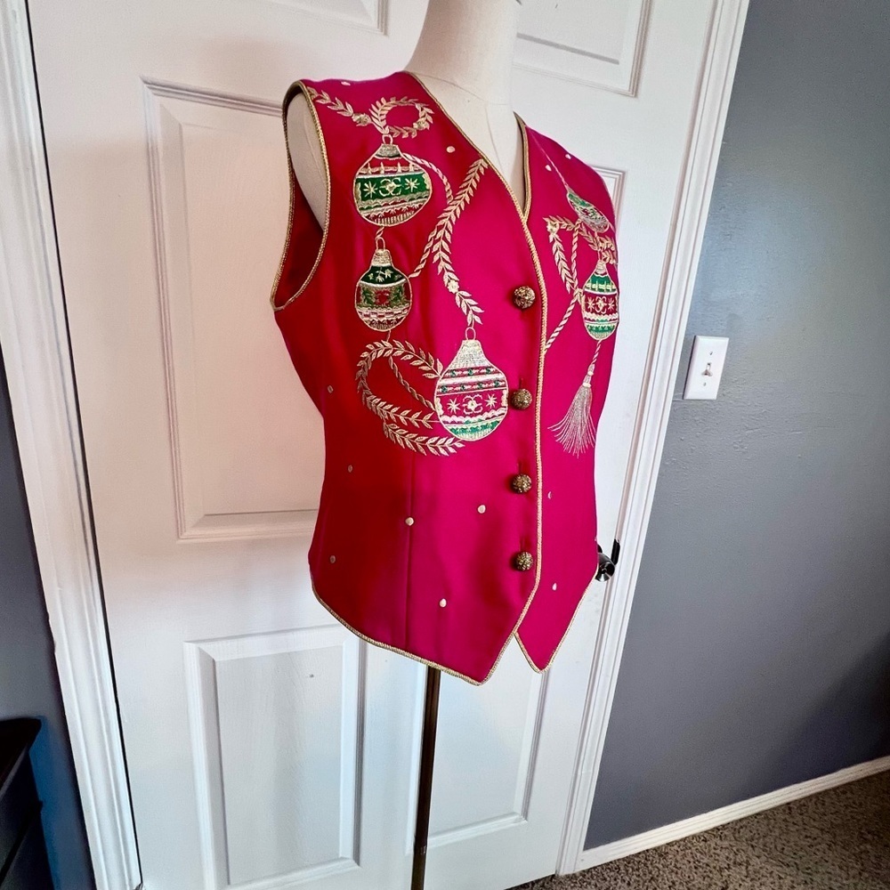 Jenna VTG 100% Wool Embroidered‎ Appliqué Christmas Ornament Button Vest Red L - Picture 4 of 16